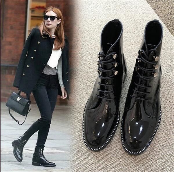 patent flat ankle boots