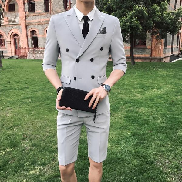 

2018 custom made short pants gray men wedding suits double breasted summer prom wear groom tuxedos groomsmen blazers 2 pieces jacket+pants, Black;gray