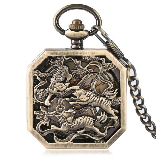 

selling bronze fighting tiger mechanical pocket watches steampunk square men's pocket watches 100pcs/lot wholesale, Slivery;golden