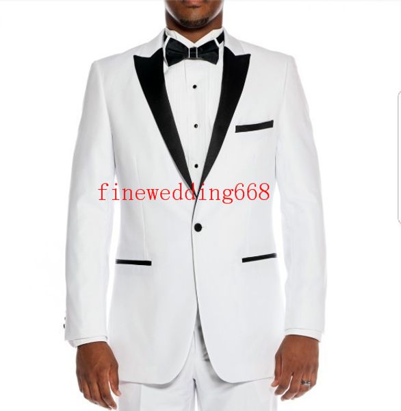 Pico Branco Lapela Um Botão Noivo Smoking Homens Ternos de Casamento Jantar de Formatura Melhor Homem Blazer Preto irmãos de Casamento (Jaqueta + Gravata + Cinturas + Calças)