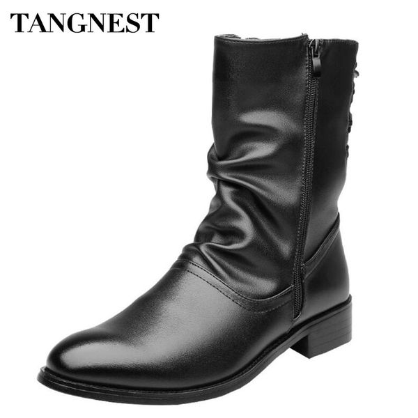 

tangnest new 2018 men's motorcycle boots casual cow split leather mid-calf boots for men winter fur boot low heel shoes man, Black
