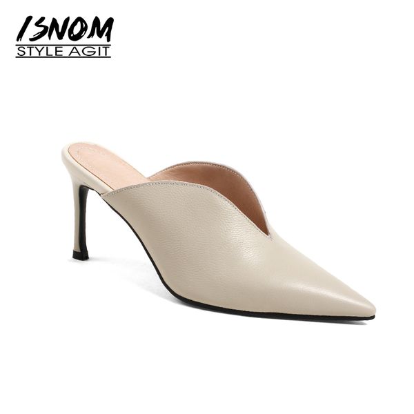 

isnom cow leather high heels women slipper pointed toe thin heels buckle footwear summer fashion 2018 brand ladies mules shoes, Black