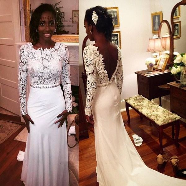 Saudi Arabic African White Wedding Dresses 2019 Sheer Lace Long