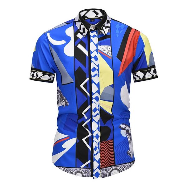 

new luxury mens fashion dress shirt d6059 vintage retro style designer 3d print slim fit short sleeve cotton casual lapel shirts, White;black
