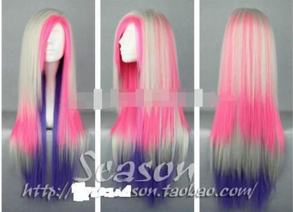 Бесплатная доставка + + + + + новая блондинка / розовый / фиолетовый смешанные длинные прямые косплей парик