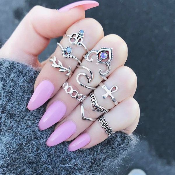 

10pcs/set boho vintage silver color stone midi finger rings ethnic gothic knuckle set for women party gift bohemian ring set, Golden;silver