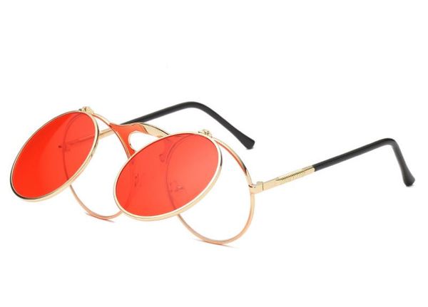 Occhiali da sole retrò Steam Punk Cool Vintage Flip Up Occhiali da sole Montatura circolare in metallo Design unisex Spring Temples Occhiali all'ingrosso