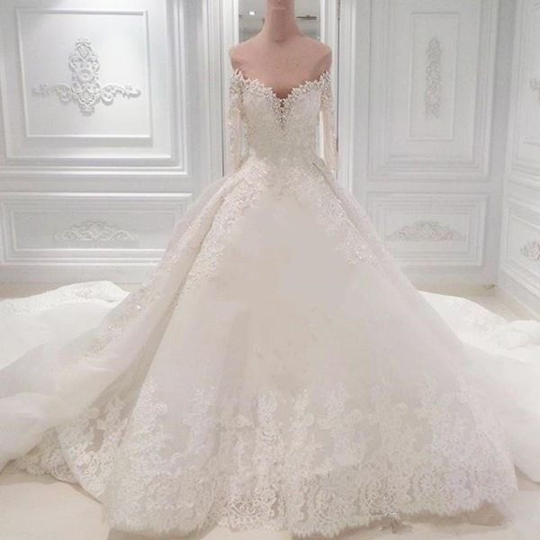 

new luxury beading wedding dress ball gown crystal long sleeve appliques bridal cathedral train vestidos de novia off shoulder princess, White