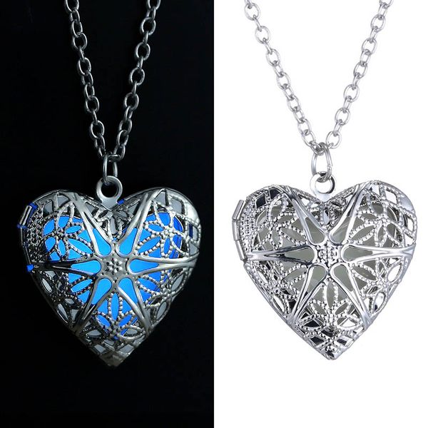 Женщины Men Hollow Heart Locket Светящиеся кулон Ожерелья Свечение в темных светящихся ювелирных подарках 162625