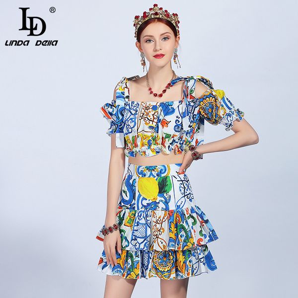 

ld linda della summer runway vacation two-pieces suit sets women 100% cotton printed casual holiday ruffles mini skirts suit, Gray
