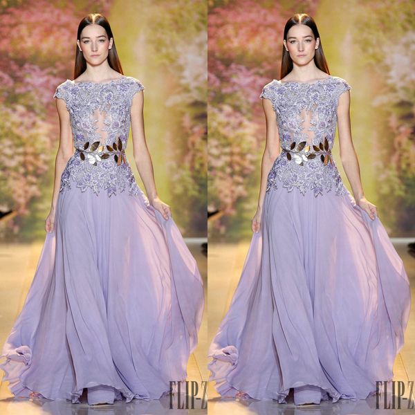 

zuhair murad пром платья фиолетовый шифон бато шеи длиной до пола cap рукавом кружева аппликации элегантный вечернее платье из бисера вечерн, Black