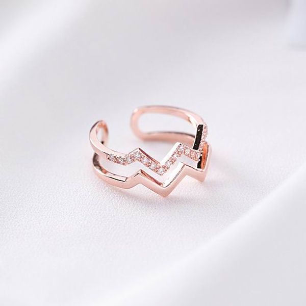 

mengjiqiao 2018 new korean women fashion double wave open ring shiny cubic zirconia micro paved finger rings wedding jewelry, Golden;silver