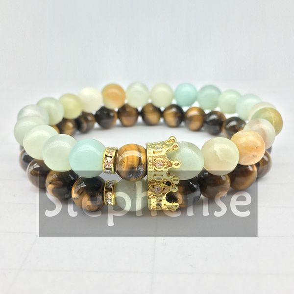 CZ0035 Venda Quente 2018 Crown Pulseira Natural Amazonita Tiger Eye Stone Pulseira Dos Homens de Pedra de Pedra Pulseira de Equilíbrio Atacado