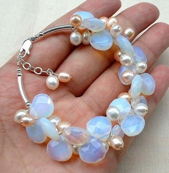 

stunning handmade white pink pearl & moonstone bracelet, Black