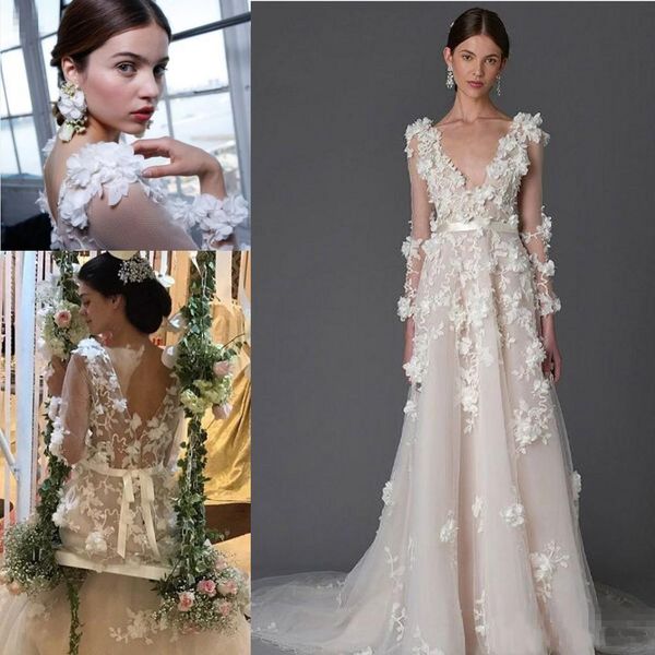 

2018 New Marchesa 3D Foral Lace Wedding Dresses Dubai Arabic Wedding Dresses Bridal Gowns Handmade Flower Country Long Sleeve