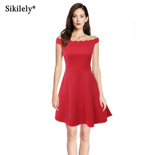 

sikilely lovely cocktail party dress short red vestido little black plain womens slash neck wave summer a line dress high street, White;black