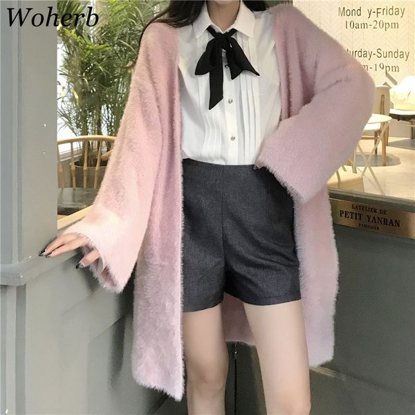 

woherb 2018 korean streetwear long cardigan women warm mohair knitted sweater jumper casual solid knitwear pull femme 20591, White;black