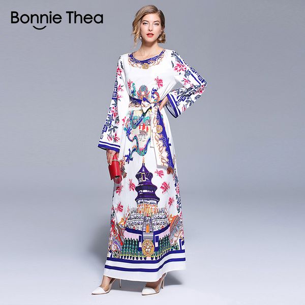 

bonnie thea women vintage white print long dress 2018 summer ankle-length full flare sleeve maxi dress evening party dresses, Black;gray