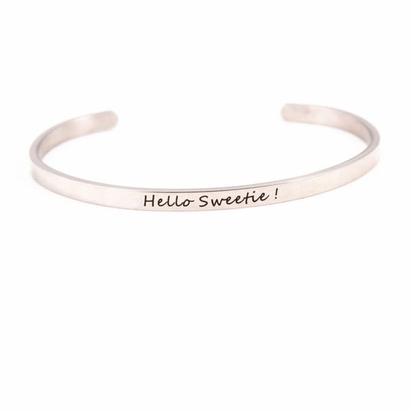

4mm " hello sweetie " stainless steel engraved positive inspirational quote cuff mantra bracelet & bangle for men women jewelry, Black