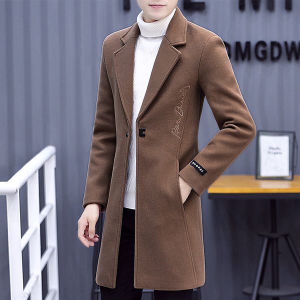 

autumn windbreaker men's long section korean version of handsome woolen coat men's woolen coat 2018 new tide, Tan;black