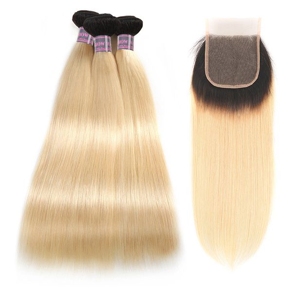 

бразильские волосы ombre color straight 3шт с закрытием шнурка t1b / 613 светлые пучки человеческих волос с закрытием, Black