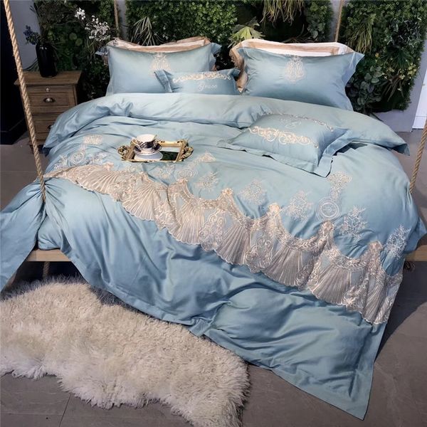 

blue white lace embroidery egyptian cotton 4/5pcs bedding set duvet cover bed linen bed sheet pillowcases king  size