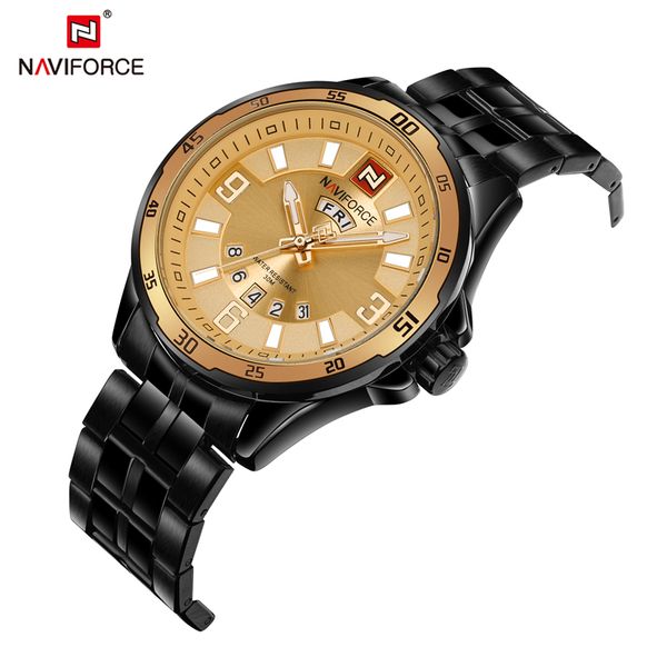 

naviforce sports watches for men 30m waterproof week display stainless steel strap 22mm wrist watch gold with tool, Slivery;brown