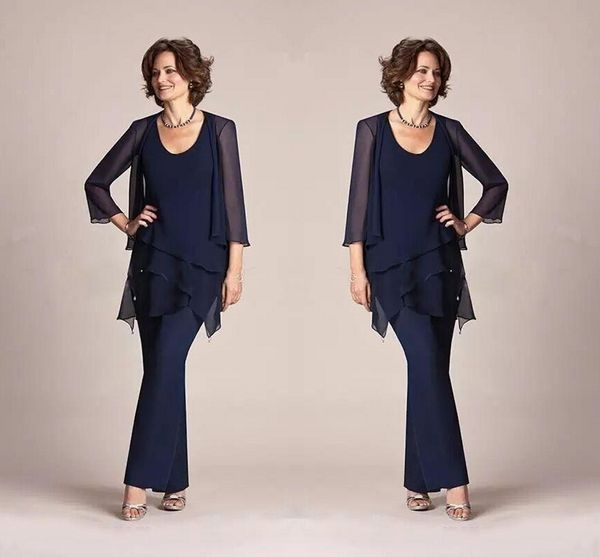 Abiti per madre blu navy Chiffon Mother of the Bride Pant si adatta a maniche lunghe Plus Tre pezzi Abito madre formale con abiti da sera da sera