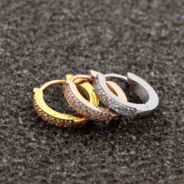 

2018 fashion stainless steel crystal small circle round hoop earrings rose gold color women party wedding gift, Golden;silver