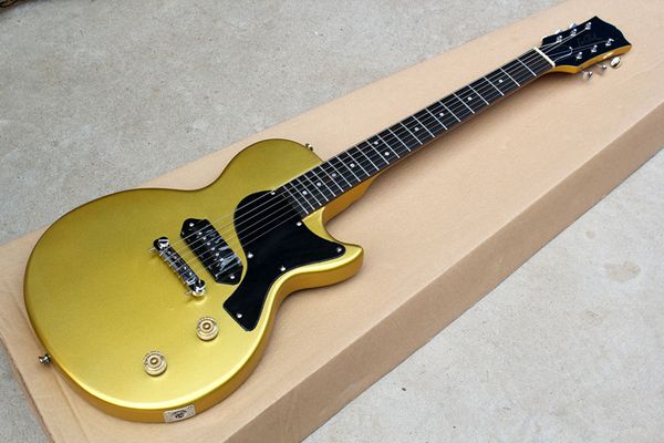 

golden electric guitar with black pickguard,rosewood fingerboard,p90 pickups,chrome hardwares,offering customized services