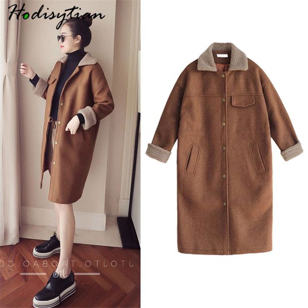 

hodisytian fashion women trench coat casual winter thick wool blends fleece solid cashmere padded overcoat jacquard plus size, Black