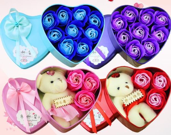 Romantico fiore di sapone rosa con piccola bambola orsetto carino 3 rose 1 orso 9 rose scatola cuore regali di San Valentino regalo di nozze compleanno SN1020