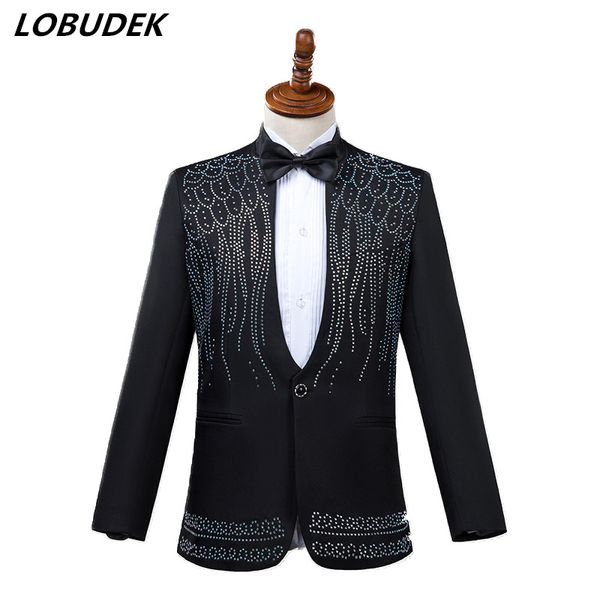 

(jacket+pants) formal male suits flashing crystals black white slim blazers host singer dancer master for wedding prom party stage costumes, White;black