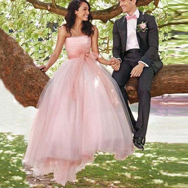 

2019 blush pink a-line wedding dresses country style strapless sleeveless ruched tulle colorful bridal gowns with sash sweep train, White