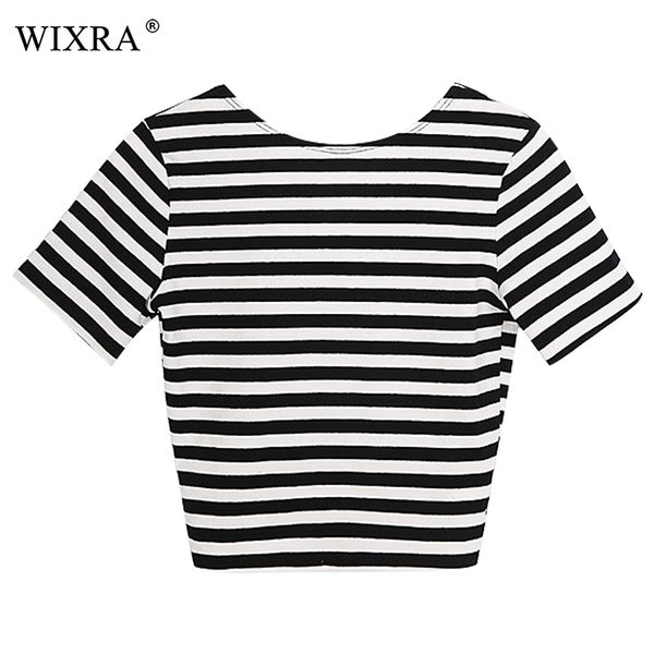 

wixra t shirt 2018 summer women classic striped tees woman o-neck coon short sleeve backless t shirts for women, White