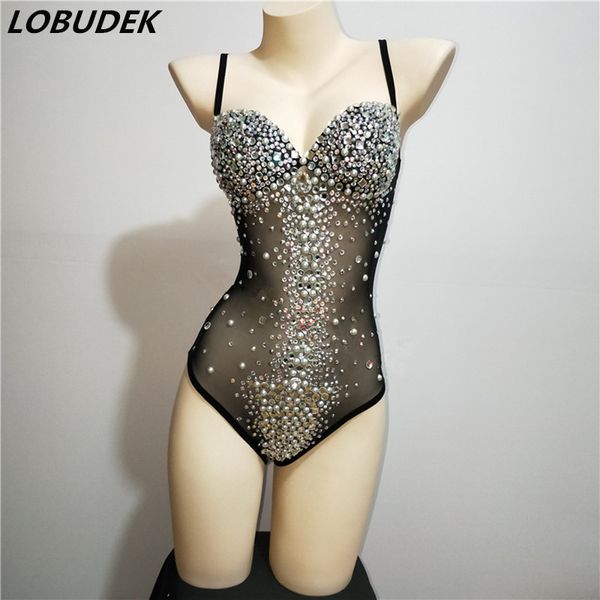 

crystal leotard stage wear v neck see through beaded rhinestones bodysuit sleeveless mesh nightclub bar dj singer dance costume party show p, Black;red