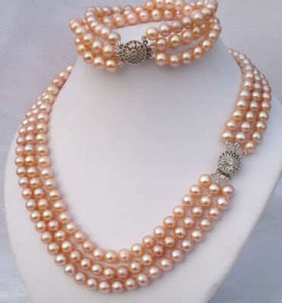 

3rows 7-8mm pink akoya pearl necklace bracelet set, Black