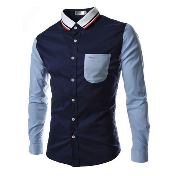 

2018 brand shirts men long sleeve casual male slim fit spell color pocket mens dress shirts business clothing plus size x3, White;black