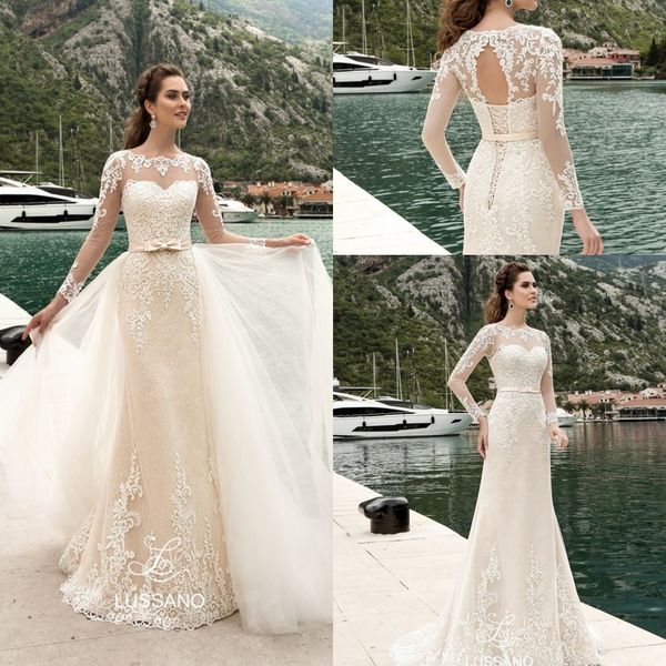 

removable mermaid wedding dresses with long sleeve bridal gowns summer beach garden spring open back lace up vestidos de noiva, White