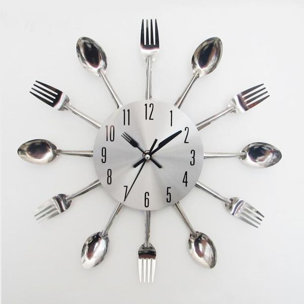 

fb 24 modern new fashion selling fast shipping modern design sliver cutlery kitchen utensil wall clock spoon fork clock 422