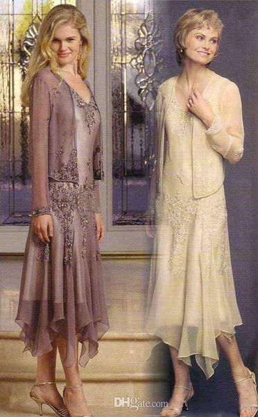 

design a-line v-neck mother of the bride dresses tea length organza appliques beads long sleeve jacket 2017 newest, Black;red