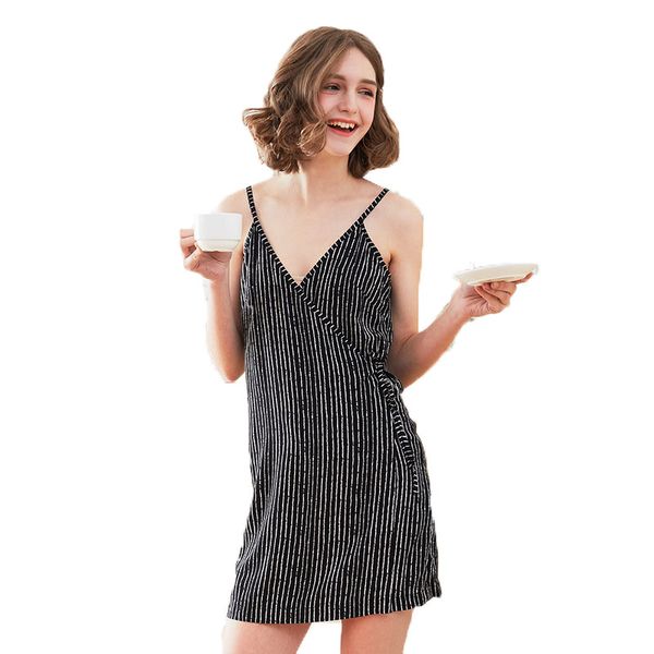 

2018 summer new stripe sling ladies nightdress v-neck dress, Black;red