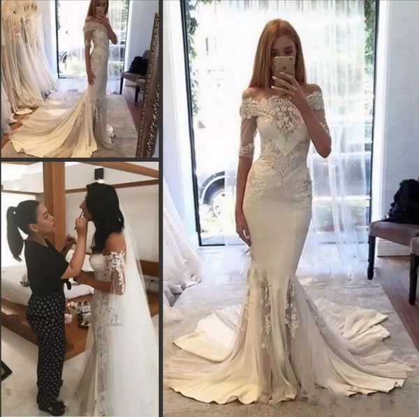 

berta 2020 wedding dresses off shoulder half sleeves arabic mermaid bridal gowns lace appliques sweep train beach wedding dress, White