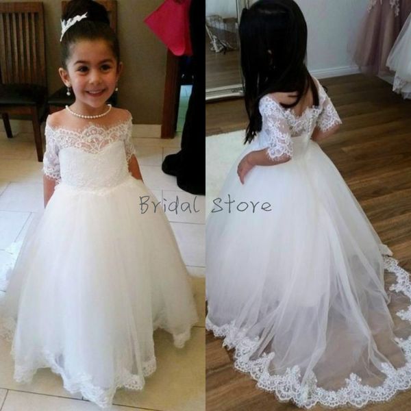 

elegant lace ball gown flower girl dresses for garden wedding off the shoulder sheer neck puffy kids pageant dress button back short sleeve, White;blue