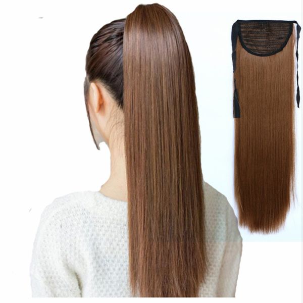 

tie on ponytail hair extensions tail hairpiece long straight synthetic women's hair heat resistant fiber, Black