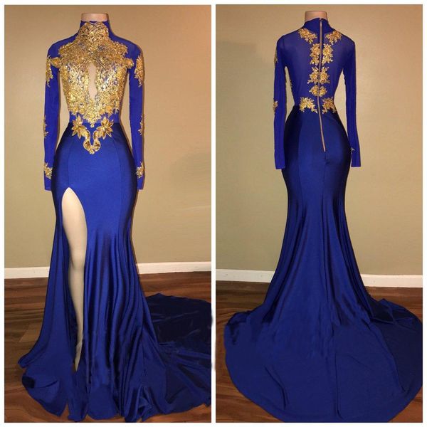 

2019 Royal Blue High Collar With Gold Lace Applique Long Sleeves Evening Dresses Mermaid Split Side High Vintage Party Prom Gowns