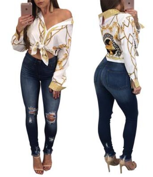 Neue Herbst Deep V-Ausschnitt voller langarm Bluse-Hemd Frauen Goldkette gedruckt Tops Kausales weibliches Clubwear-Basis-Shirt