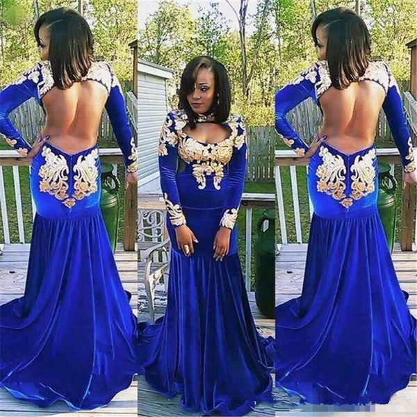 

royal blue сексуальные платья выпускного вечера с открытой спиной и золотыми кружевными аппликациями высокая шея черные девушки с длинными р, Black