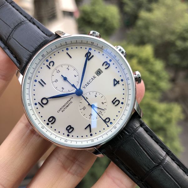 

VAKCAK Blue Luxury Brand New Black Leather Silver Mechanical Mens stainless steel Automatic Watch Sports Self-wind Watches Wristwatch BRW