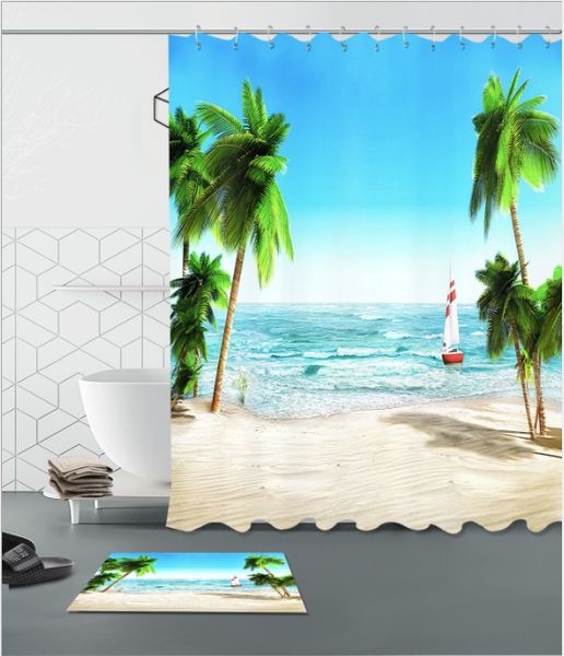 

beach landscape 3d pattern print custom waterproof bathroom modern shower curtain polyester fabric bathroom curtain door mat sets